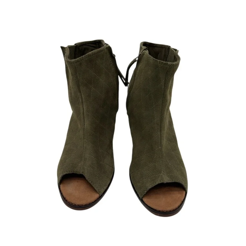 TOMS Olive Green Suede Peep Toe‎ Heeled Booties Ankle Boots Women's Size US 10